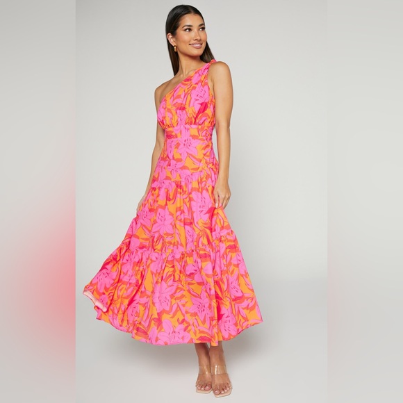 NWT Showpo Georgine One Shoulder Ruched Tiered Pink Orange Floral Midi Dress 14 - Picture 1 of 11